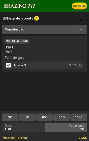 Captura de tela de um bilhete de apostas realizado após baixar o app da Brazino777 no celular.