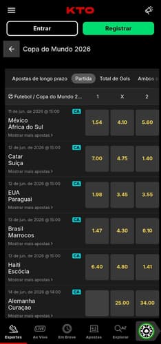 Captura de tela do aplicativo da KTO na seção de apostas esportivas com os jogos da Copa do Mundo de 2026.