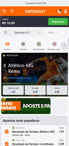 Interface de apostas ao vivo da Betsson com odds para Atlético-MG x Remo no Brasileirão