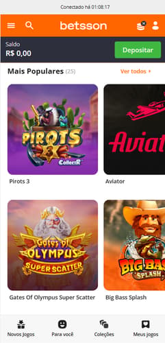Cassino da Betsson com slots populares como Aviator e Gates of Olympus