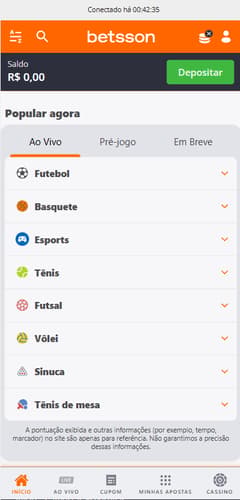 Menu de esportes da Betsson com modalidades como futebol, basquete e esports