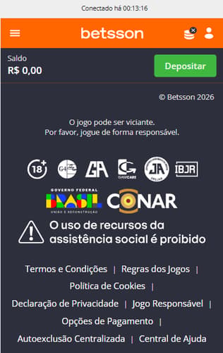 Rodapé da Betsson exibindo licenças, selos de segurança e jogo responsável