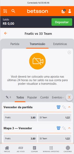 Tela de transmissão ao vivo da Betsson informando requisito de aposta prévia