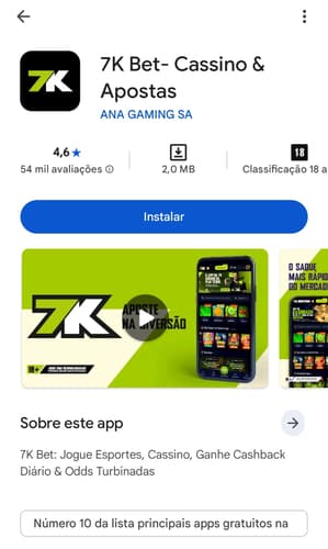 Captura de tela do aplicativo da Bet7k no Google Play Store. Os leitores deste arquivo têm acesso aos comentários e às sugestões
