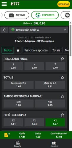Captura de tela da seleção de hipótese dupla na partida Atlético-MG x Palmeiras na Brazino777.