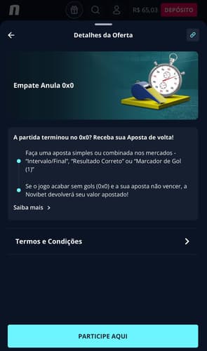 Captura da tela do Empate Anula 0x0 na casa de apostas no Campeonato Paulista Novibet.