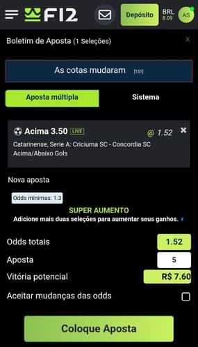 Bilhete de apostas na F12 Bet em criação com vitória potencial de R$7.60