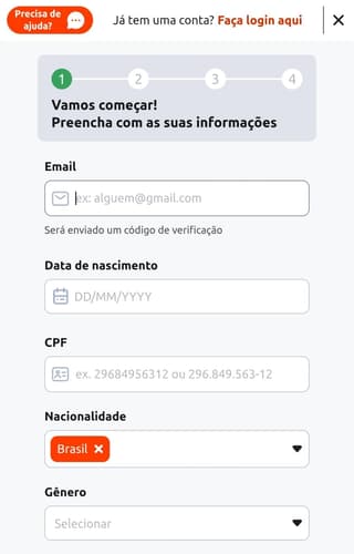 Captura de tela do formulário de registro da casa de apostas Betano