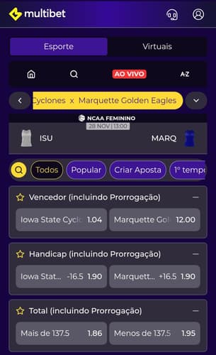 Captura de tela de um jogo de basquete na Multibet com as opções de mercados de apostas.