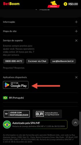 Captura de tela mostra como encontrar o link para fazer o download do Betboom app no site da plataforma.