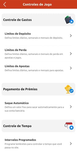 Captura de tela das ferramentas de jogo responsável e seguro na Betboo.
