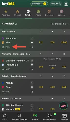 Captura de tela feita em 23/02/2026 mostra eventos com transmissão ao vivo na bet365.