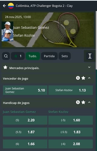 Captura de tela de um evento de tênis no site da Seguro Bet com os mercados de apostas.