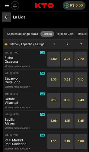 Captura de tela das opções de apostas no Campeonato Espanhol na página oficial da KTO.