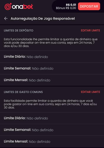 Captura de tela de autorregulação de jogo responsável na Onabet Apostas