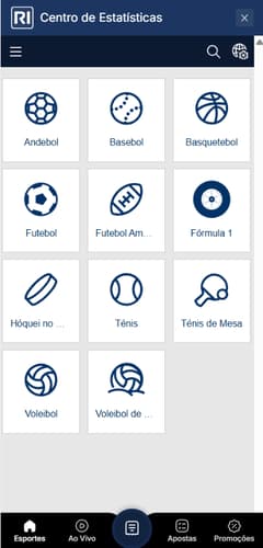 Centro de estatísticas da Rivalo com esportes disponíveis
