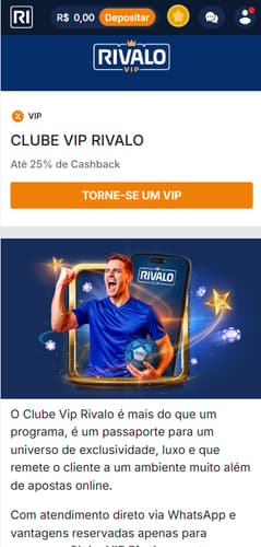 Página do Clube VIP Rivalo com oferta de cashback e benefícios exclusivos para usuários