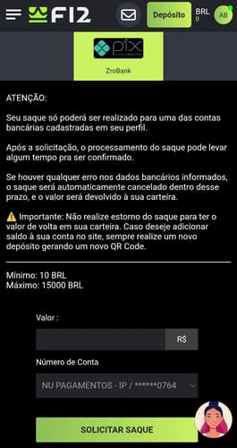 Captura de tela da tela de solicitação de saque via Pix na F12 Bet com orientações para a transação, valores mínimos e botão de confirmação.