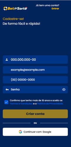 Formulário de cadastro da Bet dá Sorte no app