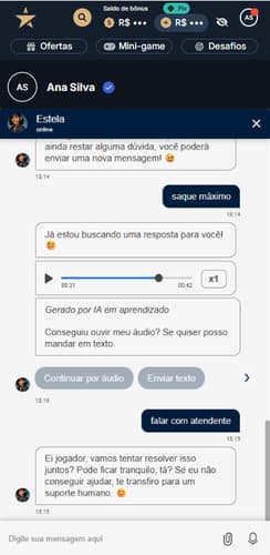 Chat de atendimento da Estrela Bet com assistente virtual