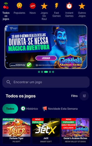 Captura de tela da seção de jogos de cassino no aplicativo Esportes da Sorte.