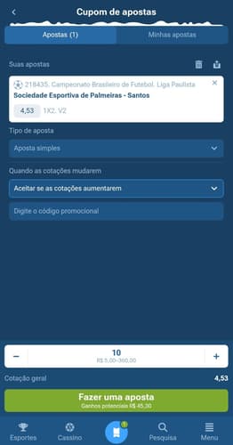 Captura de tela de uma aposta esportiva na 1xBet