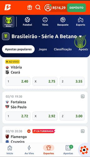 Captura de tela da página do Brasileirão na Betano apostas