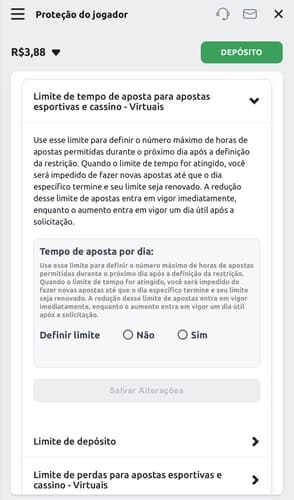 Captura da tela de proteção do jogador da Betano, que permite a limitação de apostas.