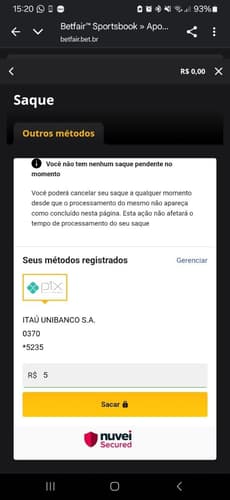 Página de saque na Betfair com valor de R$5 via Pix