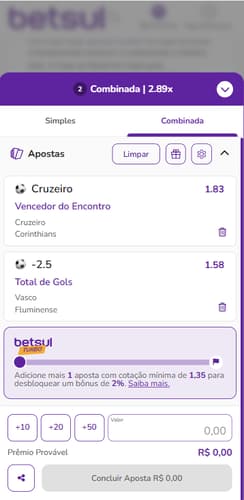 Bilhete de apostas na Betsul com cotações múltiplas