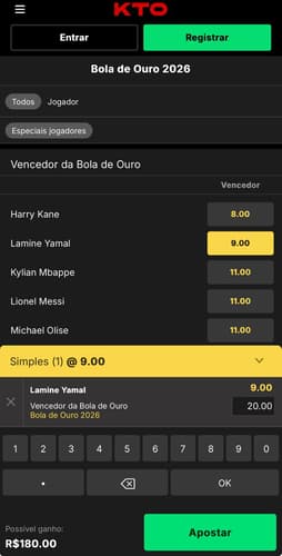 Captura de tela mostra como apostar no Bola de Ouro da Copa do Mundo 2026 na KTO.