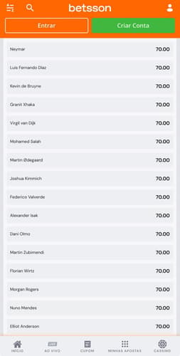  Captura da tela de apostas na Bola de Ouro na Copa do Mundo 2026 na Betsson.