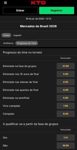 Captura de tela com apostas delongo prazo do Brasil na Copa na KTO.