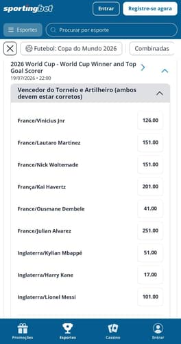  Captura de tela com mercados de longo prazo da Sportingbet na Copa do Mundo 2026.