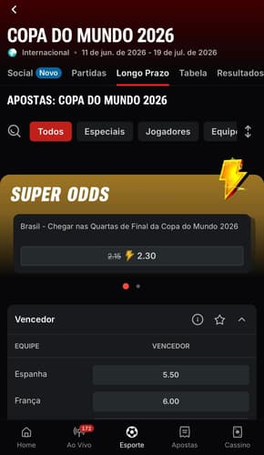 Captura de tela mostra as SuperOdds da Superbet em apostas de longo prazo.