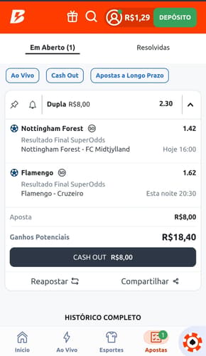Captura de tela do bilhete de aposta com cash out na Betano
