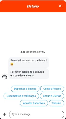 Captura de tela do chat ao vivo da Betano apostas