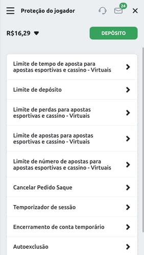 Captura de tela das ferramentas de jogo responsável da Betano