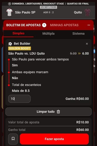 Captura de tela de apostas no futebol pelo Bateubet app