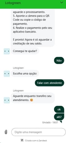 Captura da tela de atendimento ao vivo na Lotogreen.