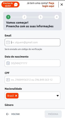 Captura de tela da etapa 1 do cadastro na Betano