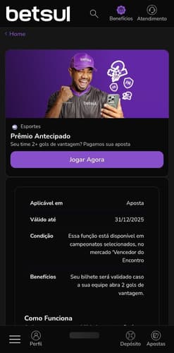 Benefício de pagamento antecipado com 2 gols de vantagem na Betsul