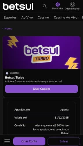 Oferta Betsul Turbo com ganhos aumentados em até 100% nas apostas combinadas