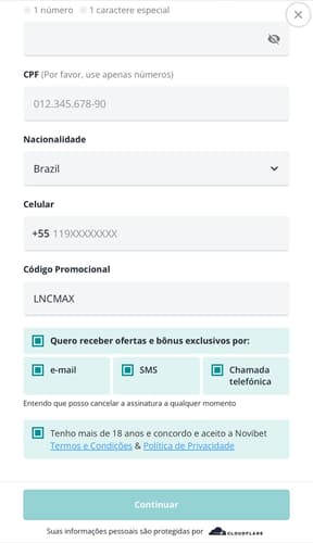 Captura de tela mostra onde aplicar o código promocional Novibet LNCMAX no cadastro.