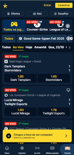 Página de e-Sports ao vivo na Estrela Bet com partidas de Dota 2 e League of Legends