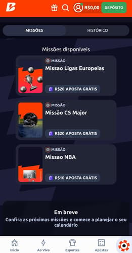 Captura de tela das Missões Betano ativas para futebol, NBA e e-sports.