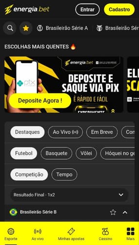 Site móvel da Energia.bet com interface adaptada.