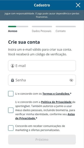 Formulário de cadastro na Sportingbet com campos de e-mail e senha