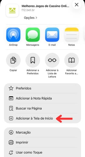 Captura de tela de criação de atalho da F12 Bet no celular