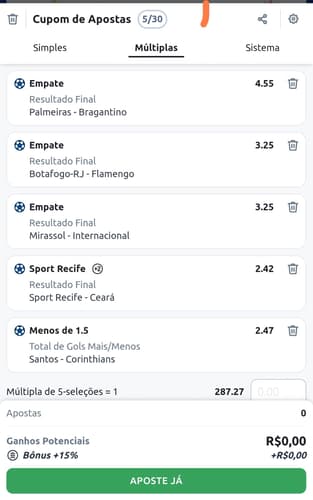 Captura de tela do bilhete de apostas múltiplas na Betano